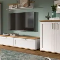 Wohnwand weiß Landhaus Lärche und Eiche Wohnzimmer Schrankwand 4-teilig 336 cm Super-Preis