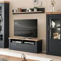 Wohnwand Schrankwand grau Eiche Landhaus Ribera Anbauwand mit Soft-Close 299 cm Mega-Angebot