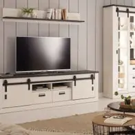 Wohnwand Schrankwand weiß Pinie Landhaus Anbauwand Vitrinenschrank 315 cm Stove Nur Für Kurze Zeit