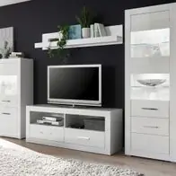 Wohnwand Wohnzimmer Schrankwand weiß Hochglanz Set mit Vitrine 300 cm Carrara Geprüft