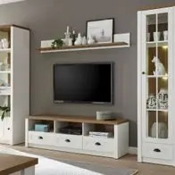 Wohnwand Schrankwand weiß Pinie Eiche Landhaus Wohnzimmer Anbauwand 300 cm Seyne Echt