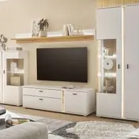 Wohnwand Anbauwand weiß matt Eiche Set 4-tlg inkl Beleuchtung Soft-Close Bellport Nur Heute