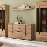 Wohnwand Schrankwand Eiche Evoke mit Sideboard und 2x Vitrine Design-D Soft-Close Nur Für Kurze Zeit