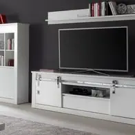 Wohnwand "Miami" Weiß Hochglanz Wohnzimmer Kombination mit XL Lowboard und Schiebetür Zertifiziert