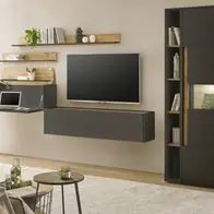 Wohnwand mit Sekretär Wotan Eiche grau Wohnzimmer Schrankwand Set 6-tlg. Center Markenware