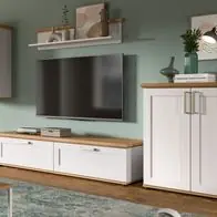 Wohnwand weiß Landhaus Lärche und Eiche Wohnzimmer Schrankwand 4-teilig 316 cm Geprüft