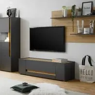 Wohnwand grau Eiche Wotan Wohnzimmer Schrankwand 340 2x Vitrinenschrank Center Echt