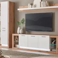 Wohnwand Set 3-tlg Schrankwand Wohnzimmer Anbauwand weiß matt Eiche Rivian 298 cm Kostenfreie Lieferung