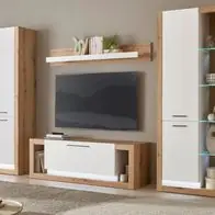 Wohnwand Schrankwand weiß matt Eiche Wohnzimmer Set 4tlg. Anbauwand 350 cm Rivian Billig
