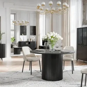 Sichere Zahlung Esszimmer Komplett - Set F Annelin, 6-teilig, in Schwarz, je 1 Vitrine und Kommode mit Glastüren, 1 Beistelltisch, 1 Kommode, 1 TV-Schrank, 1 Esstisch