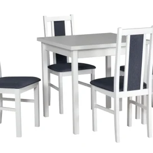 Billig Essgruppe M mit 4 Sesseln, Holzfarbe: Weiß, Polster: Dunkelgrau, robustes Holz, bequeme Polsterung der Sitzfläche, modernes Design, Laminatplatte