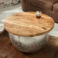 Aktuell cagü: Industrie-Design Couchtisch (PULIM] Natur Mangoholz Metall Nieten 68cm Ø