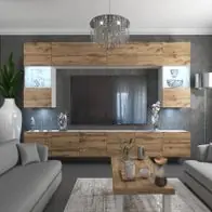 Wohnwand 1DWW mit LED Beleuchtung, Ohne Griffe. Breite 300 cm, Front Farbe wählbar Top-Preis