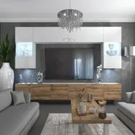 Wohnwand 1WDW mit LED Beleuchtung, Ohne Griffe. Breite 300 cm, Front Farbe wählbar Kostenfreie Lieferung