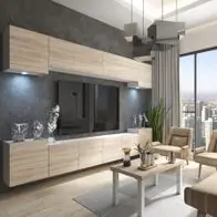 Wohnwand 4 W/DS mit LED Beleuchtung, Ohne Griffe. Breite 300 cm, Front Farbe wählbar Begrenztes Angebot