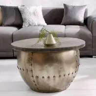 Abverkauf cagü: Industrie-Design Couchtisch (PULIM] Grau Mangoholz Metall Nieten 68cm Ø