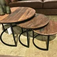 3er Set Treibholz massiv Couchtische Dakota rund Stahl Satztische Sofatische Preisknaller