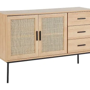 Markenware Sideboard 3 Rattan-Türen 3 Schubladen heller Holzfarbton Metallbeine Pasco