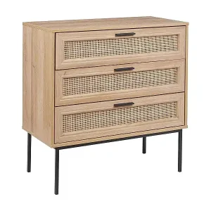Schneller Versand Kommode 3 Rattan-Schubladen heller Holzfarbton schwarze Metallbeine modern Pasco