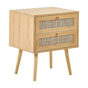 Nachttisch 2 Schublade Rattan Türen Boho Style Nachtschrank Helles Holz Perote Neu Im Sortiment