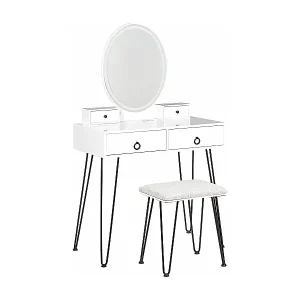 Günstig Schminktisch mit LED-Spiegel oval USB-Port 4 Schubladen Hocker weiß Glamour Soye