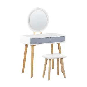 Direkt Vom Hersteller Schminktisch Set mit Hocker rund LED Spiegel 2 Schubladen Weiß und Grau Josselin