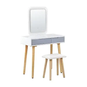 Frisiertisch Set mit Hocker Ablage LED Spiegel 2 Schubladen Weiß und Grau Dieppe Direkt Vom Hersteller