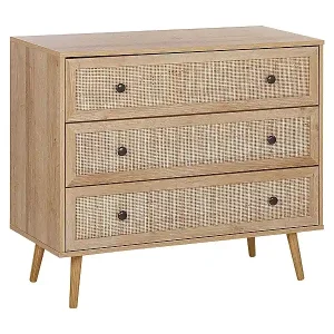 Knallerangebot Moderne Kommode rechteckige Form 3 Rattan-Schubladen heller Holzfarbton Ponca