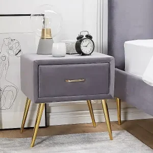 Nur Für Kurze Zeit Nachttisch Samtstoff grau mit Schublade Metallgestell gold Modern Glam Flayat