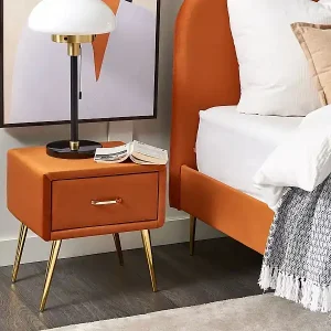 Super-Preis Nachttisch Samtstoff orange mit Schublade Metallgestell gold Modern Glam Flayat