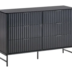 Kommode mit 6 Schubladen und geriffelter Front Modernes Design MDF Metallbeine Schwarz Glastonbury Rabatt