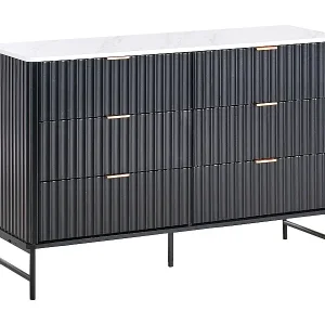 Kommode mit 6 Schubladen und geriffelter Front Modernes Design MDF Metallbeine Marmoreffekt Schwarz Glastonbury Meistverkauft