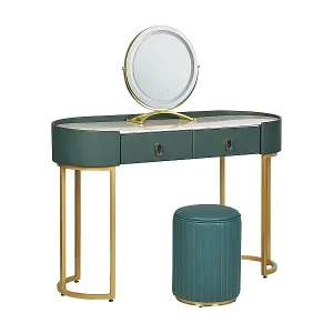 Kostenloser Versand Schminktisch mit LED-Spiegel rund 2 Schubladen Hocker grün Marmor Optik Vinax