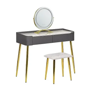 Gratis Versand Schminktisch mit LED-Spiegel rund 2 Schubladen Hocker grau Glamour Surin