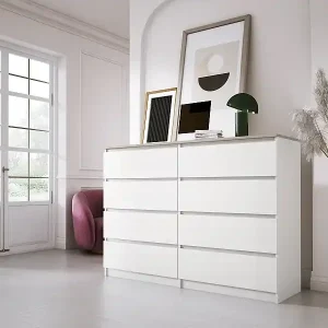 Abverkauf Kommode mit 8 Schubladen: Mattweiß / Oberfläche aus Sonoma-Eiche, 138 x 101 x 39 cm