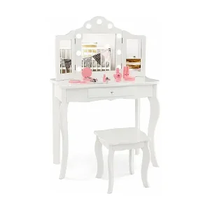 Neuheit 2 in 1 Kinder Schminktisch, Frisiertisch mit LED-Leuchten, klappbarem Spiegel & Schubladen, Kosmetiktisch Prinzessin für Kinder Mädchen(Weiß) TK32457