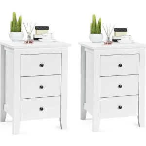 Kostenfreie Lieferung 2er Set Nachttisch mit 3 Schubladen Nachtschrank für Boxspringbett 46 x 37 x 65 cm Weiß