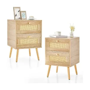 2er Set Rattan Nachttisch im Boho-Stil mit 2 Schubladen & Massivholzbeinen Nachtschrank Neue Ware