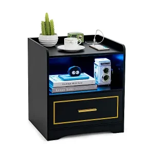 Angebot Nachttisch mit LED Licht USB-Anschluss und Typ-C-Ladestation Nachtschrank mit Bewegungssensor Schwarz