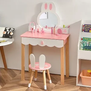 Schneller Versand Kinder Schminktisch mit Hocker Prinzessin Schminkkommode 60 x 34 x 103 cm Rosa + Weiß
