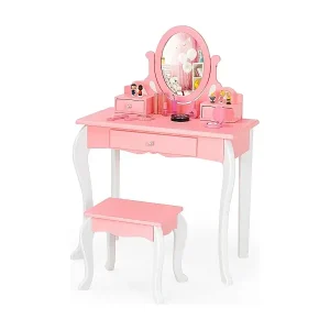 Kinder Schminktisch mit Hocker Prinzessin Frisiertisch mit 3 Schublade & Spiegel Rosa Kostenloser Versand