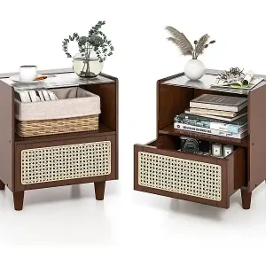 Geprüft 2 Nachttisch aus Bambus & Rattan mit Schublade und Beinen aus Massivholz Beistelltisch mit verstecktem Stauraum Braun