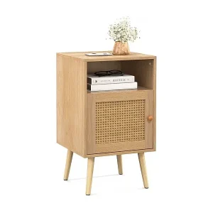 Günstig Rattan Nachttisch mit Stauraum Offenem Regal & Tür Bauernhausstil Beistelltisch Natur