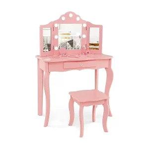 Preisknaller 2 in 1 Kinder Schminktisch, Frisiertisch mit LED-Leuchten, klappbarem Spiegel & Schubladen, Kosmetiktisch Prinzessin für Kinder Mädchen(Rosa) TK32457