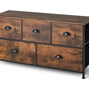 Meistverkauft 2-stöckige Rustikale Kommode mit 5 Schubladen & Faltbaren Stoffschubladen Braun