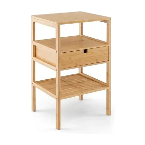 Kostenfreie Lieferung 3-stufiger Nachttisch aus Bambus mit Schublade und Lattenregal Beistelltisch Natur