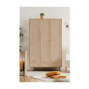 Sichere Zahlung Schrank mit 3 Türen, 3 Schubladen, 2 Kleiderstangen L120cm - Rattan-Druck - Bali