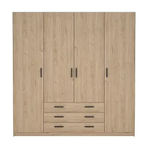 Billig Spell Kleiderschrank B183 cm 4 Türen und 3 Schubladen Hickory-Dekor.