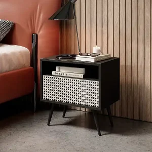 Nachttisch mit Schublade, Schwarz mit Wiener Geflecht Optik - Bello Top-Preis