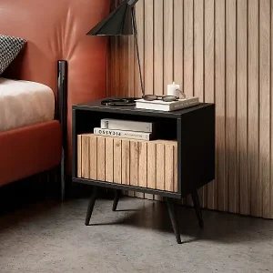 Nachttisch mit Schublade - Lamellenfronten - Schwarz / Wotaneiche - Bello Neu Im Sortiment